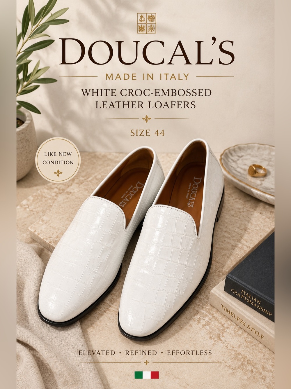 Doucal’s Made in Italy White Croc-Embossed Leather Loafers Size 44